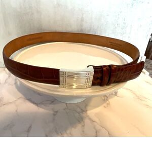 Vintage W. Kleinberg embossed crocodile belt silver slide strap cognac brown 38